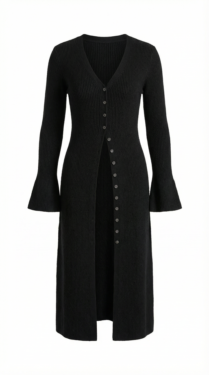 Cardigan lungo a coste con scollatura a V