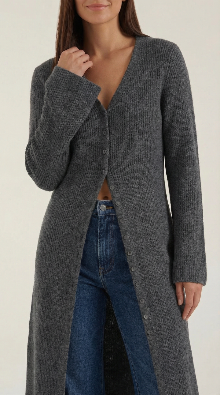 Cardigan lungo a coste con scollatura a V