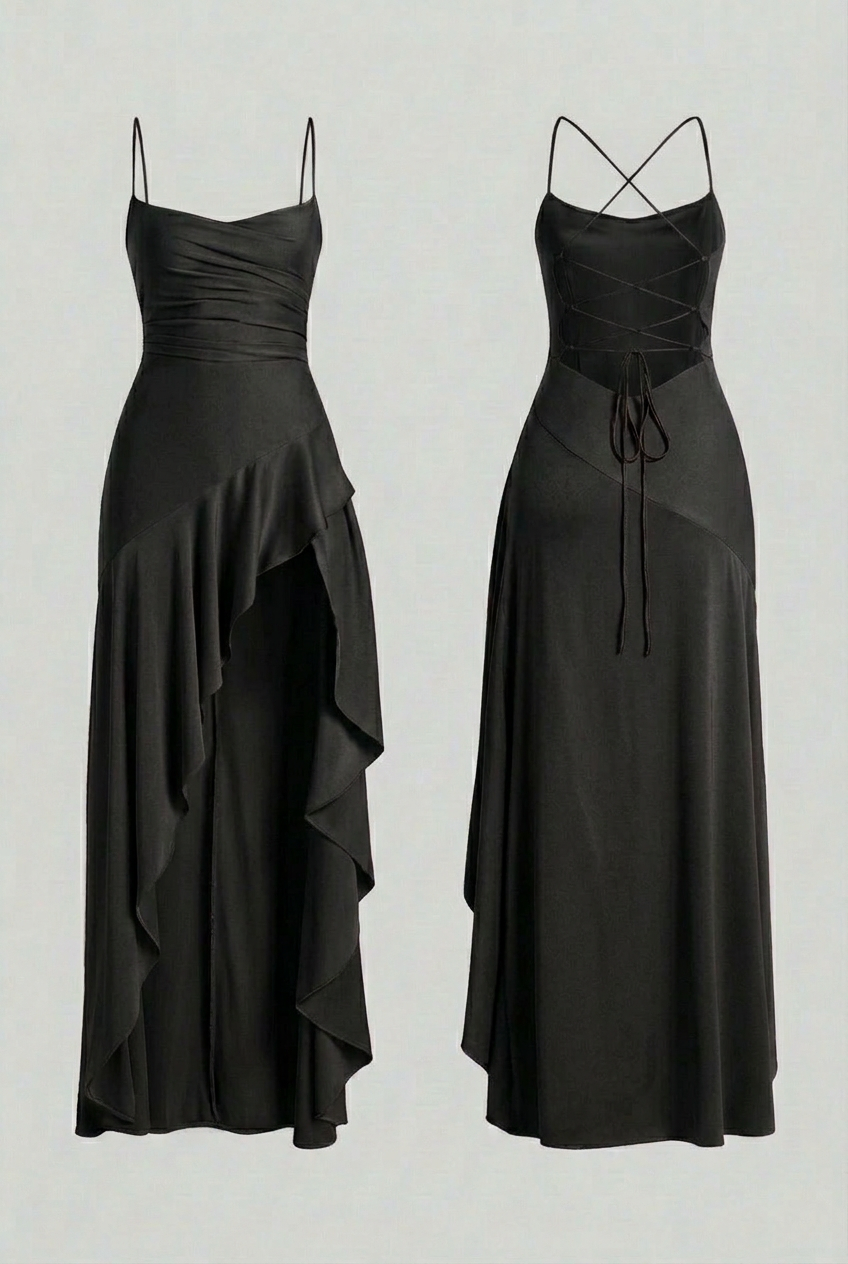 Dominika | Abito maxi nero con lacci sul retro