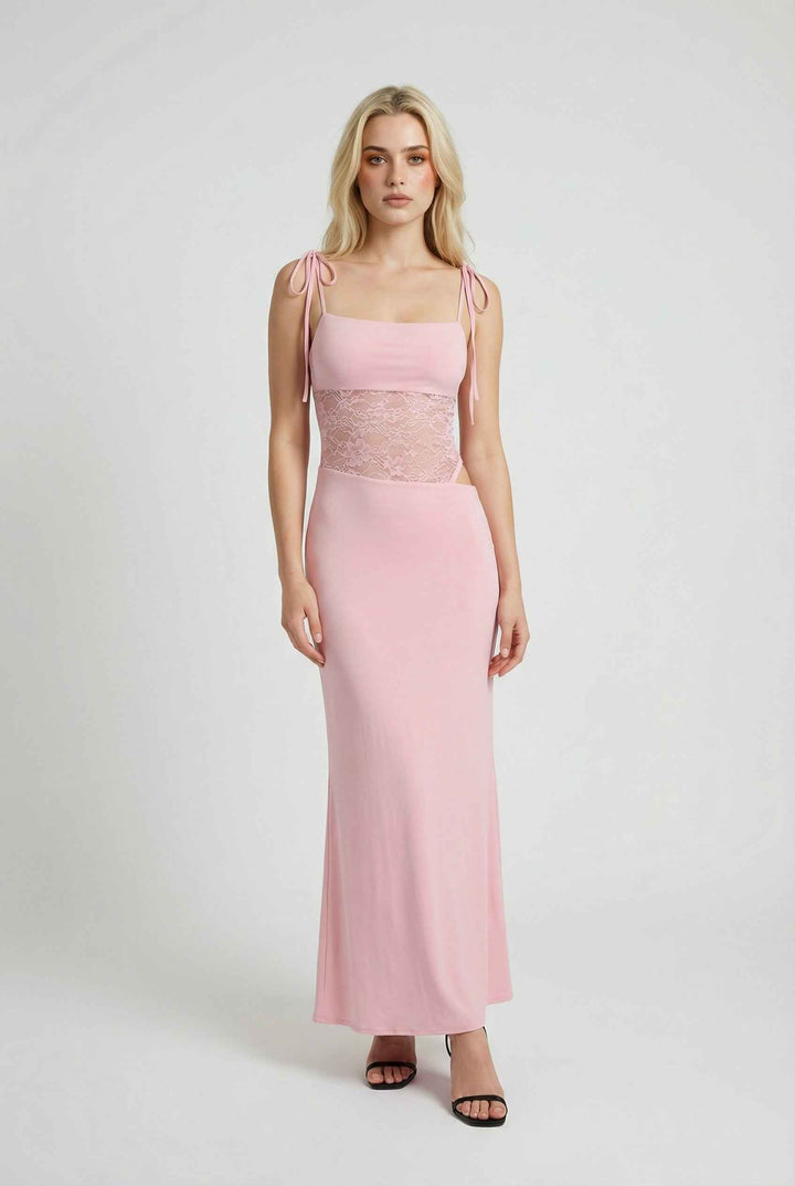 Nina | Abito maxi rosa romantico senza maniche