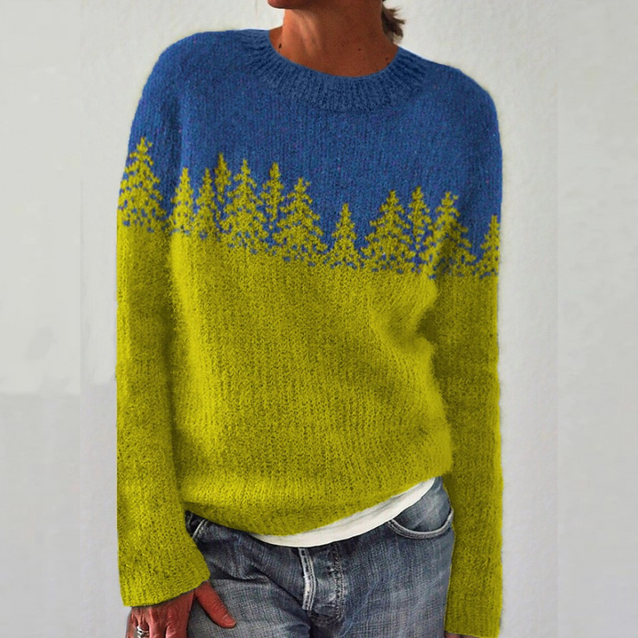 Maglione blu-verde con silhouette di conifere