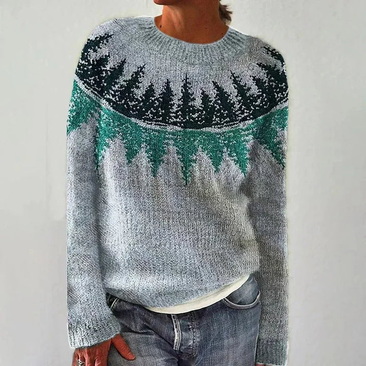 Maglione grigio a maglia con motivo forestale verde
