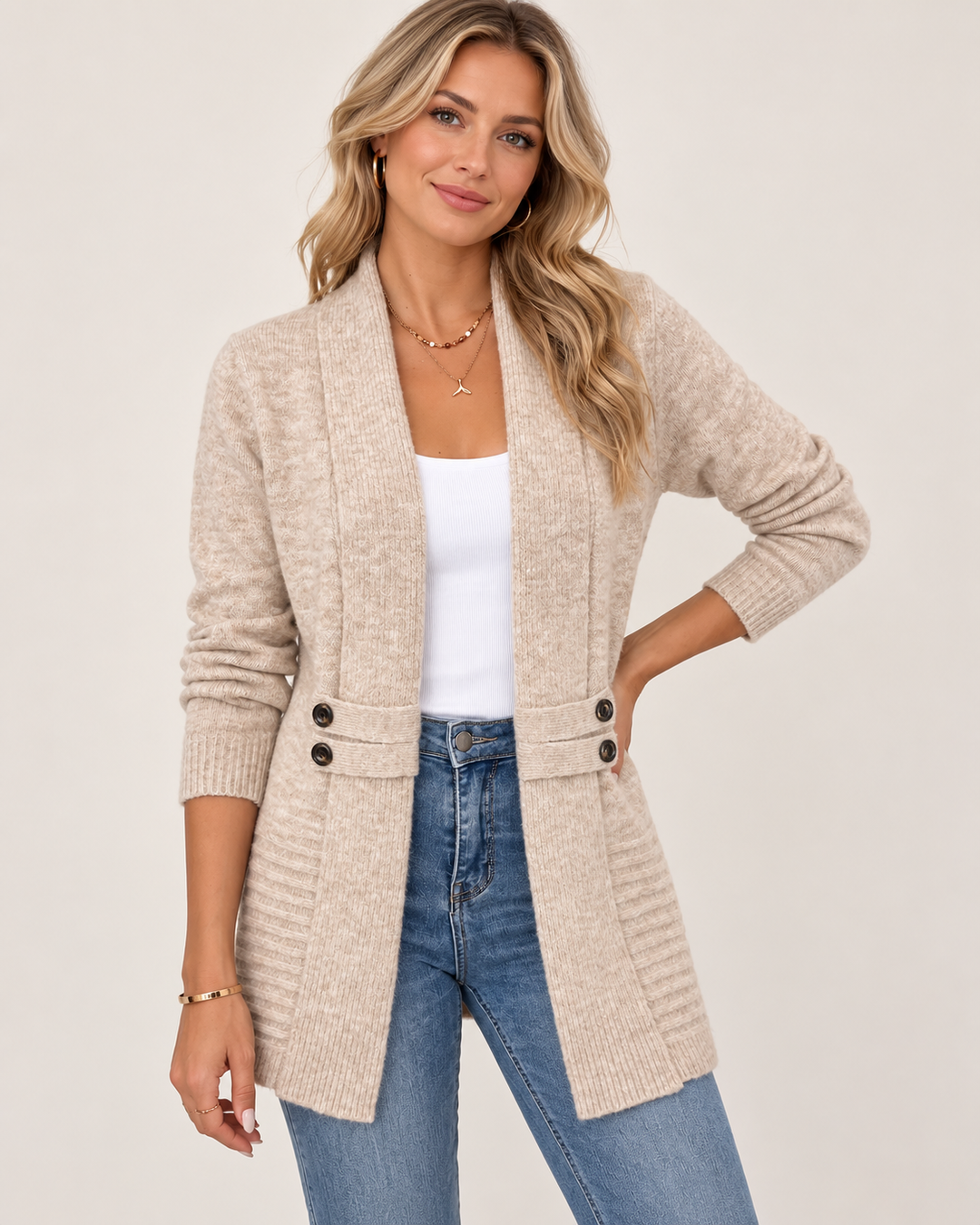Cardigan lungo in morbido knit con bottoni decorativi