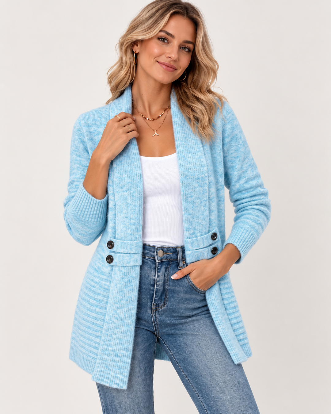 Cardigan lungo in morbido knit con bottoni decorativi