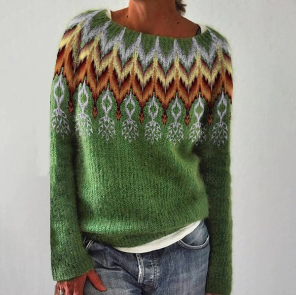Maglione verde a maglia con motivo fogliare sul collo