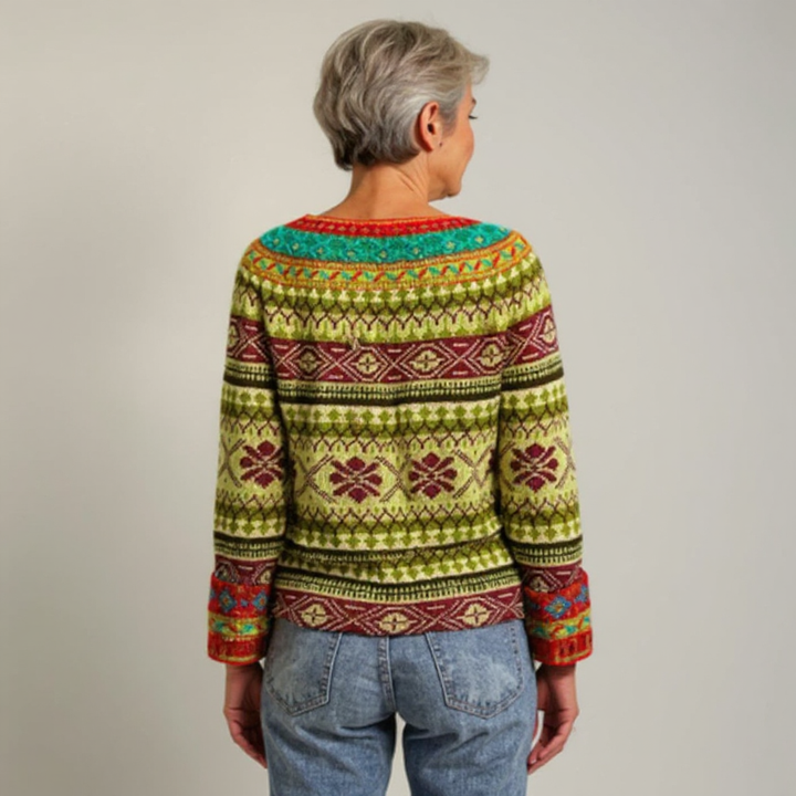 Maglione boho intrecciato con motivo verde, bordeaux e turchese