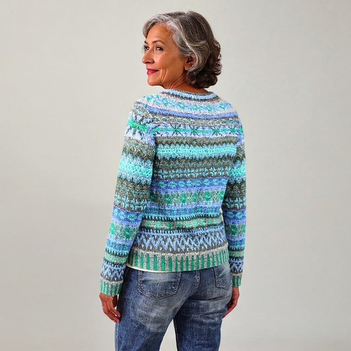Maglione intrecciato in tonalità menta e blu con motivo elaborato
