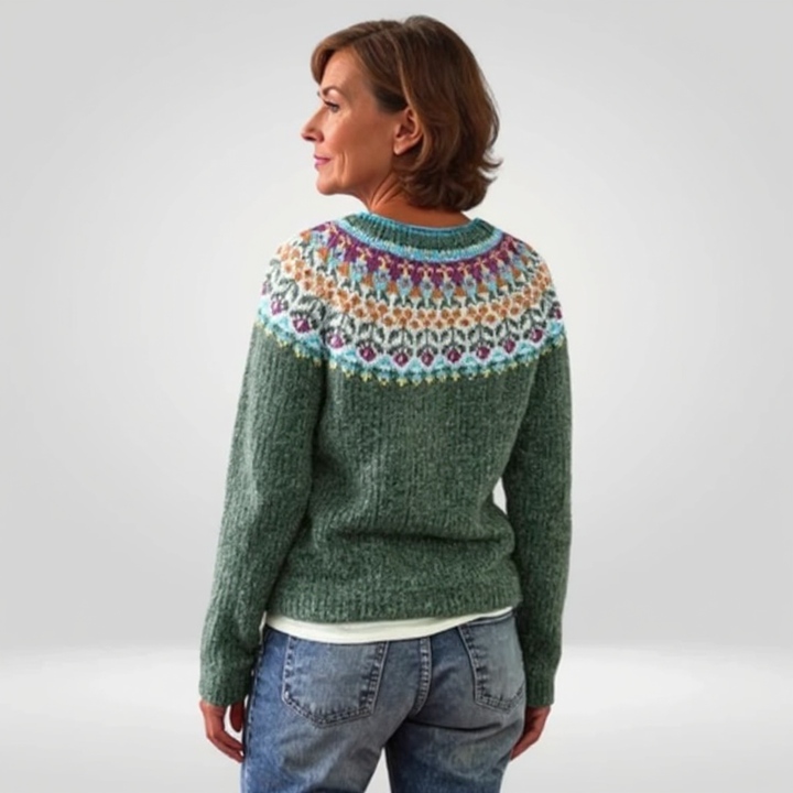 Maglione intrecciato con motivo multicolore sul colletto