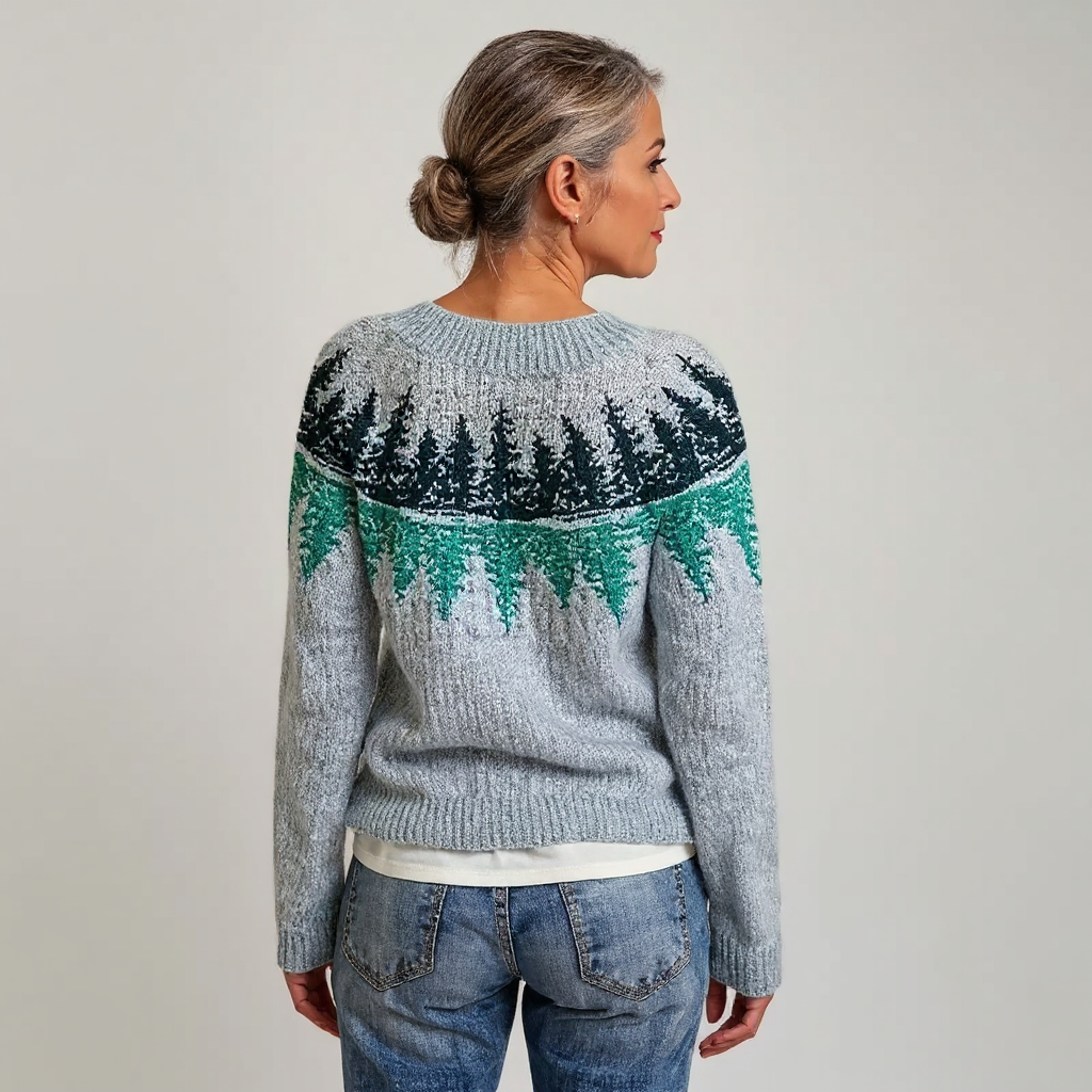 Maglione grigio a maglia con motivo forestale verde