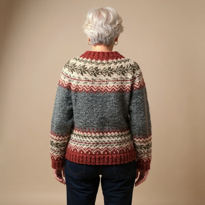 Cardigan lavorato a maglia con un motivo elaborato e un aspetto artigianale