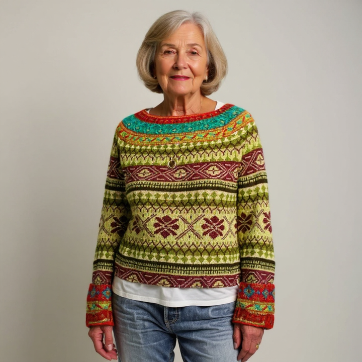 Maglione boho intrecciato con motivo verde, bordeaux e turchese