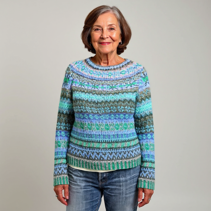 Maglione intrecciato in tonalità menta e blu con motivo elaborato