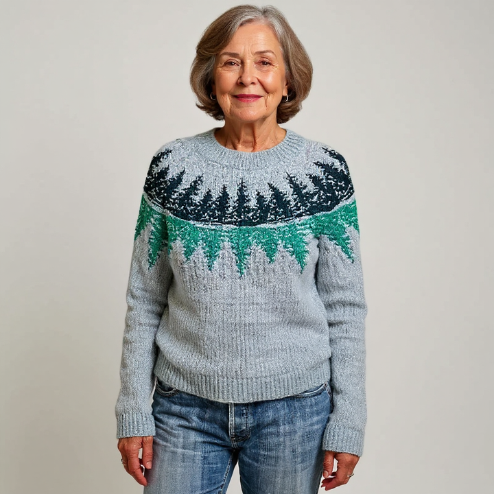 Maglione grigio a maglia con motivo forestale verde