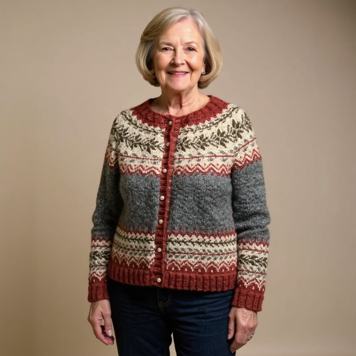 Cardigan lavorato a maglia con un motivo elaborato e un aspetto artigianale
