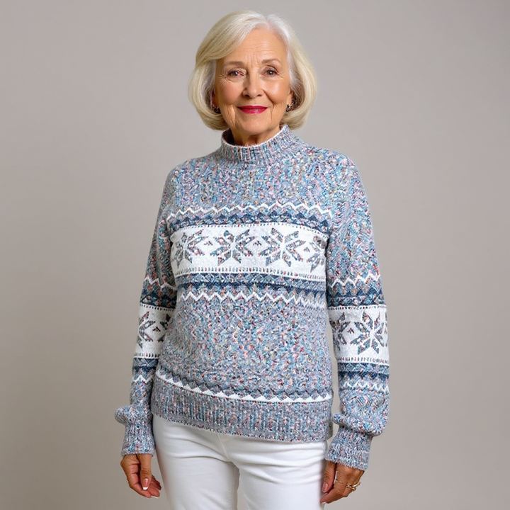 Maglione lavorato a maglia con colletto alto e fiocchi di neve in toni pastello