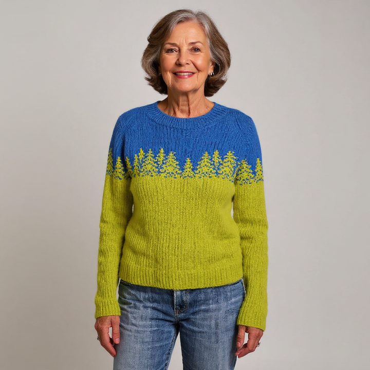 Maglione blu-verde con silhouette di conifere