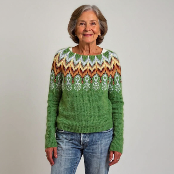 Maglione verde intrecciato con motivo a foglia sul colletto
