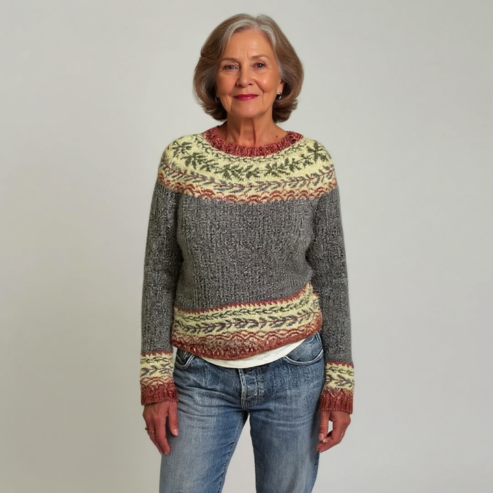 Maglione lavorato a maglia con motivo nordico in tonalità grigie, ruggine e muschio