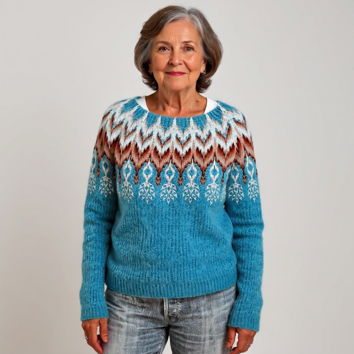 Maglione lavorato a maglia con motivo in tonalità calde e fredde