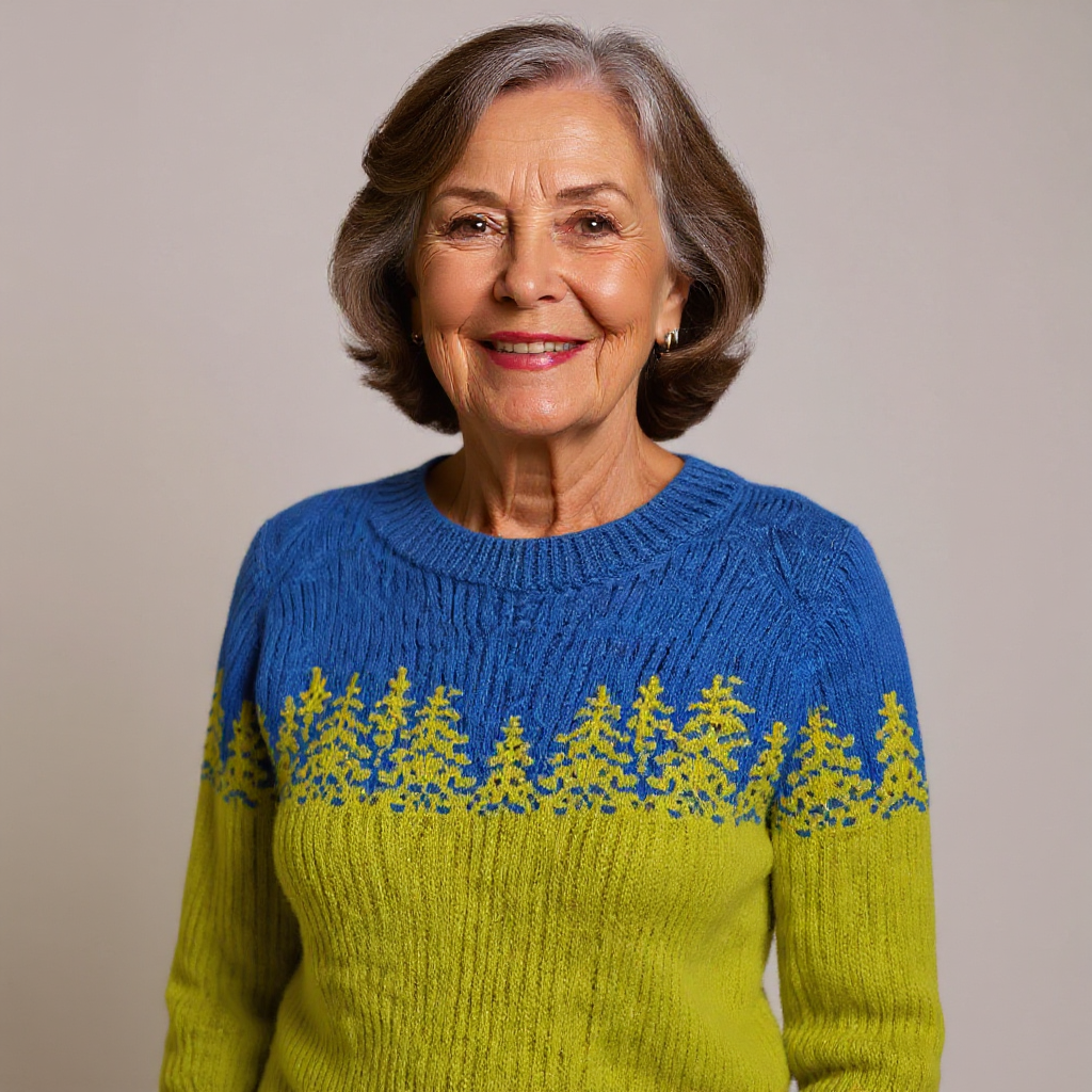 Maglione blu-verde con silhouette di conifere