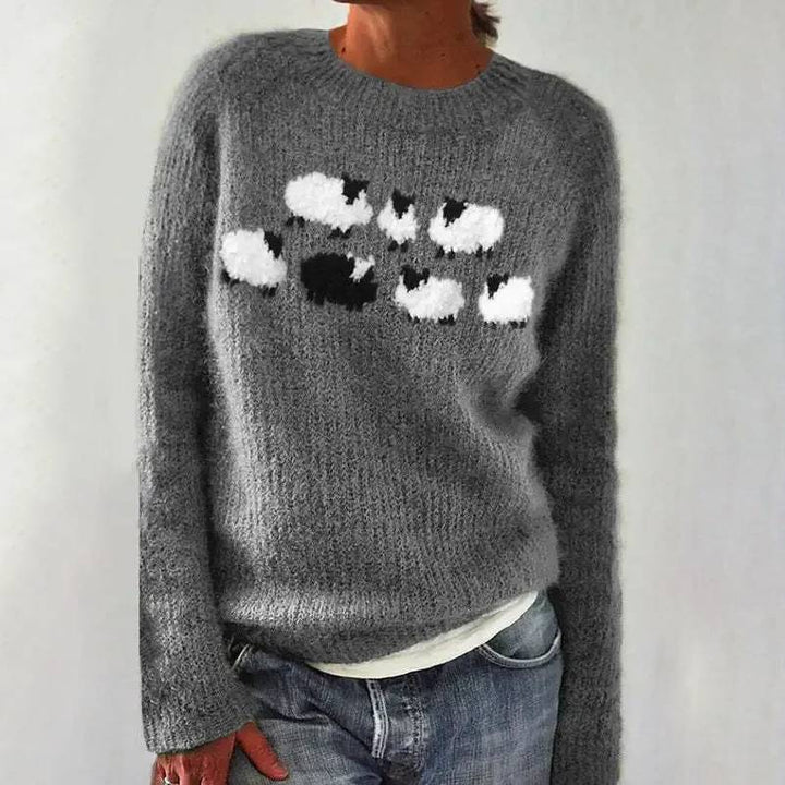 Maglione peloso lavorato a maglia con motivo di pecore