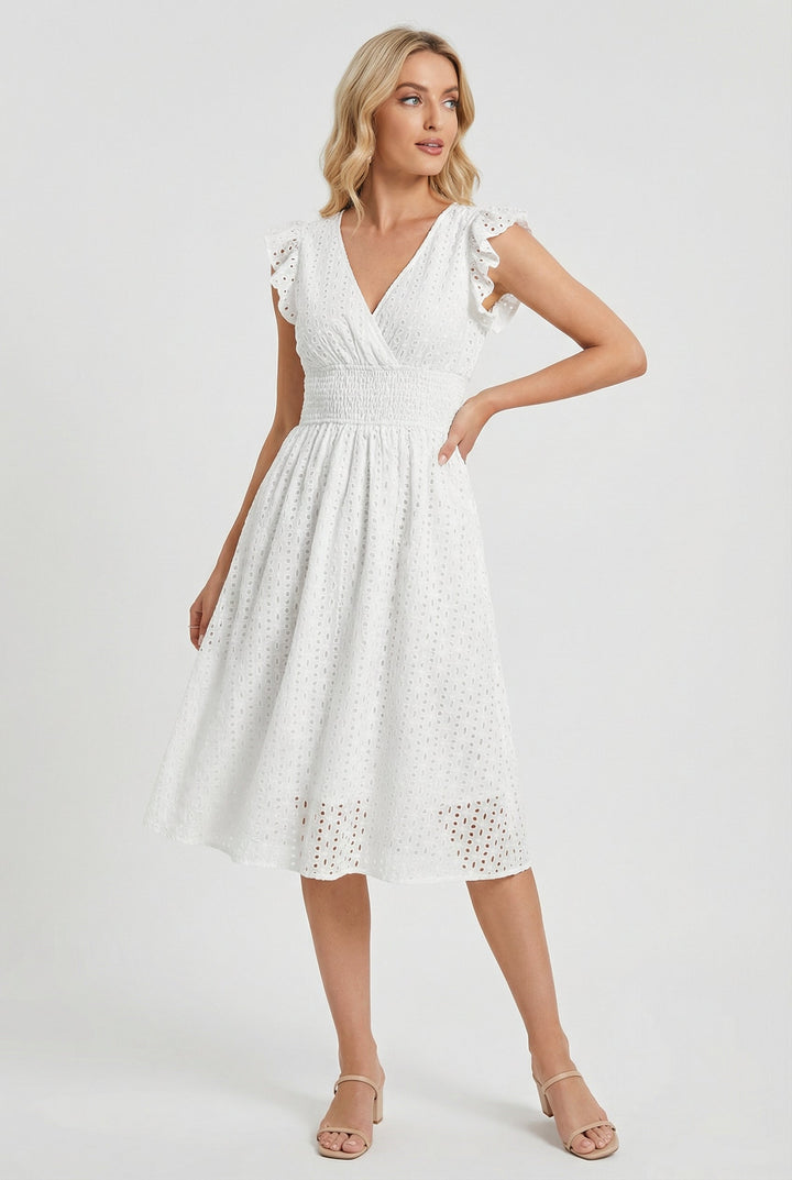 Natália | Abito midi con ricamo in stile Madeira e cintura arricciata