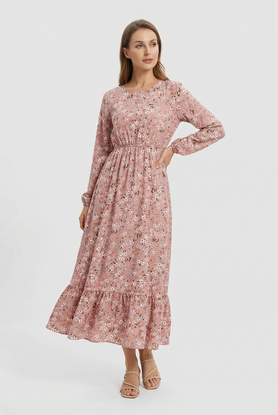 Milena | Abito maxi a fiori con maniche lunghe