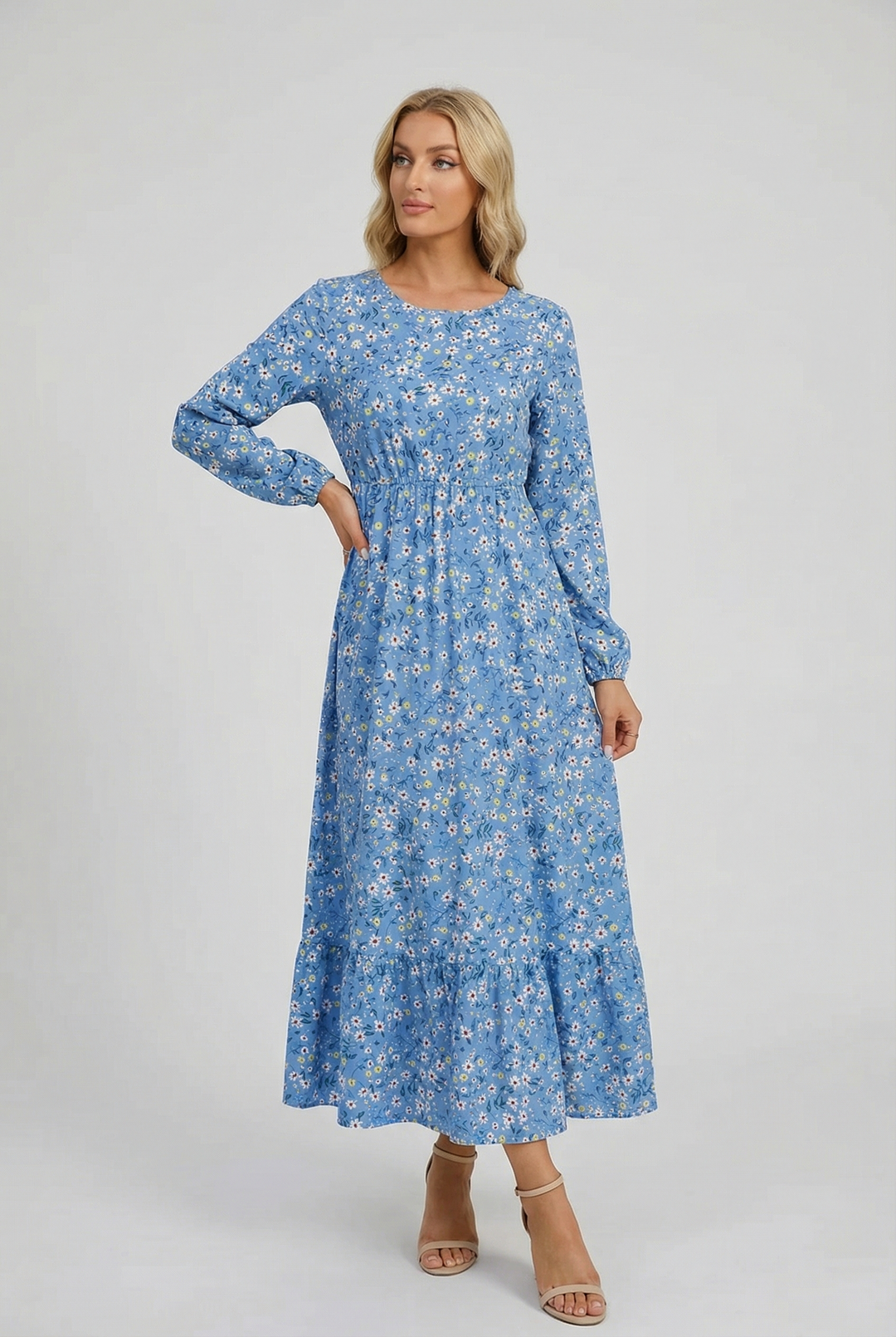 Milena | Abito maxi a fiori con maniche lunghe