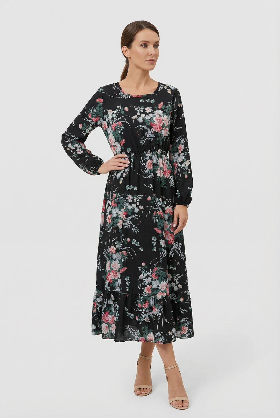 Milena | Abito maxi a fiori con maniche lunghe