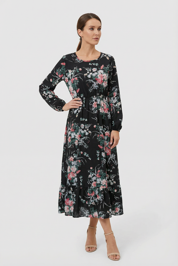 Milena | Abito maxi a fiori con maniche lunghe