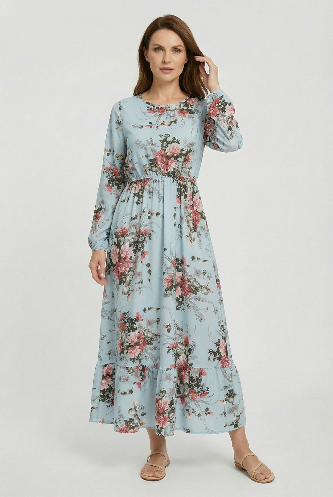 Milena | Abito maxi floreale leggero con maniche lunghe