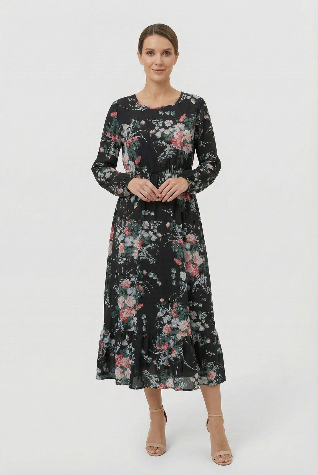 Milena | Abito maxi a fiori con maniche lunghe