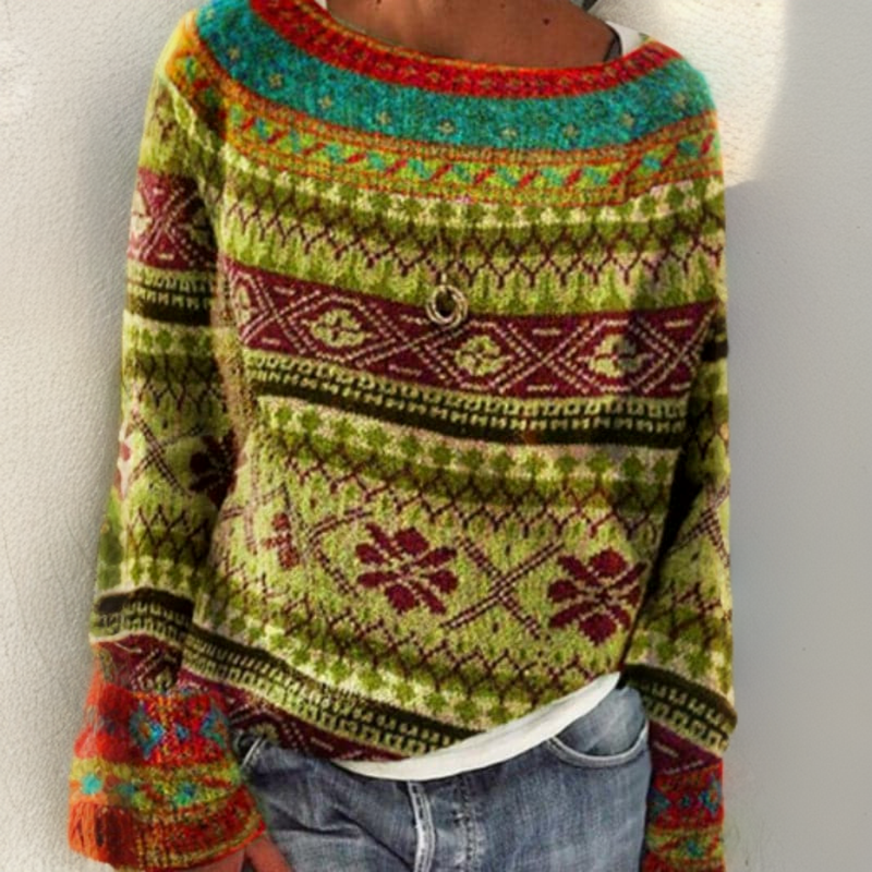 Maglione boho intrecciato con motivo verde, bordeaux e turchese