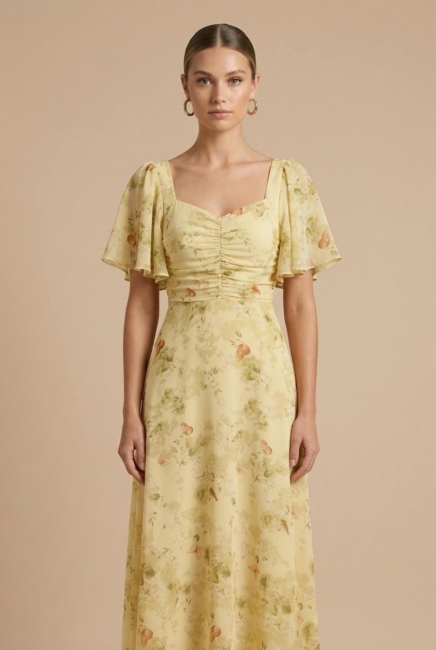 Rebeka | Abito maxi floreale con scollo quadrato e maniche a volant