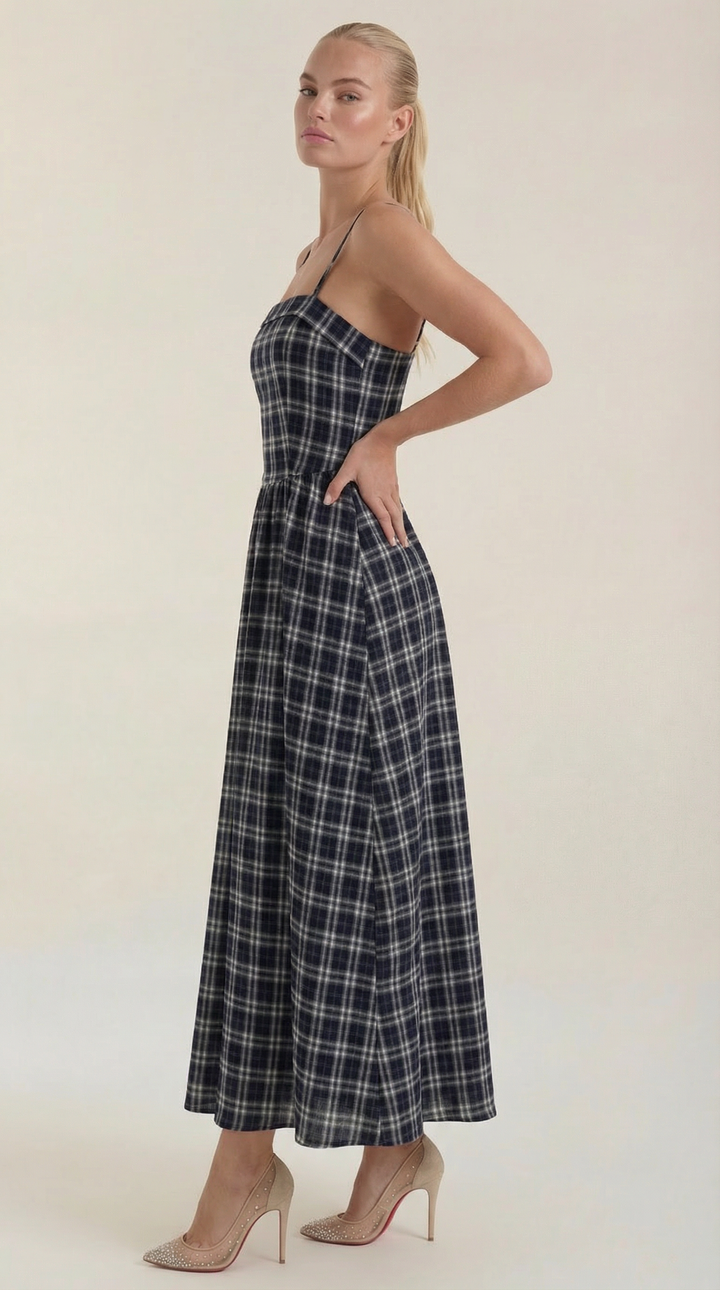 Branislava | Abito midi a quadri con scollatura quadrata