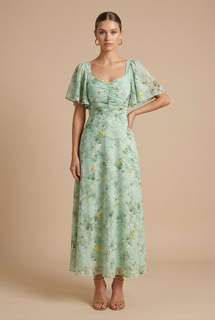 Rebeka | Abito maxi floreale con scollo quadrato e maniche a volant