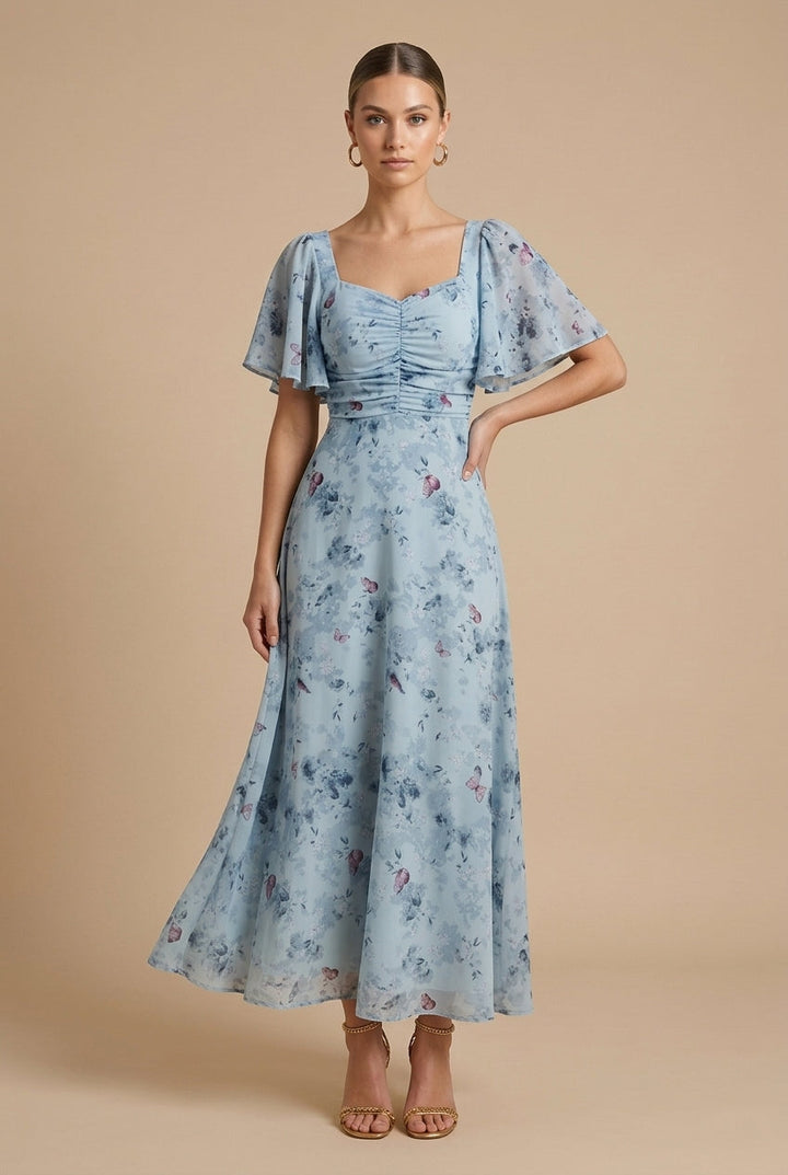 Rebeka | Abito maxi floreale con scollo quadrato e maniche a volant