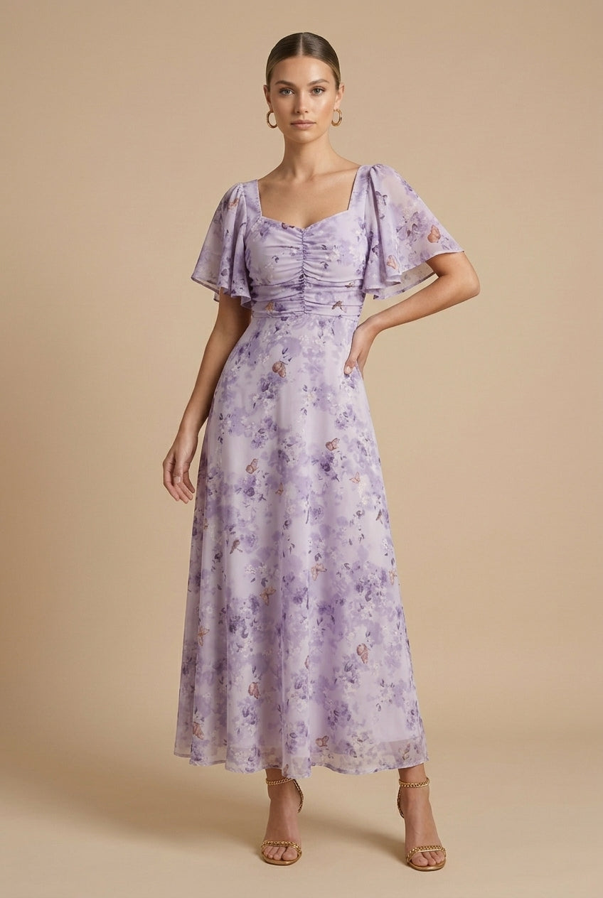 Rebeka | Abito maxi floreale con scollo quadrato e maniche a volant