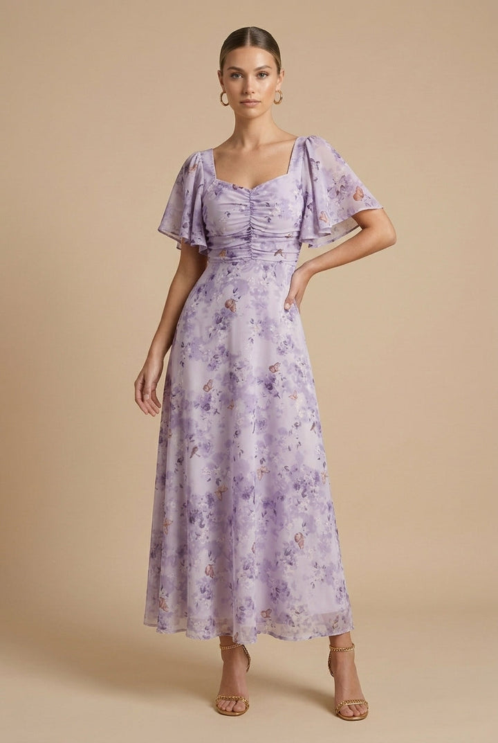 Rebeka | Abito maxi floreale con scollo quadrato e maniche a volant
