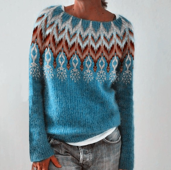 Maglione lavorato a maglia con motivo in tonalità calde e fredde